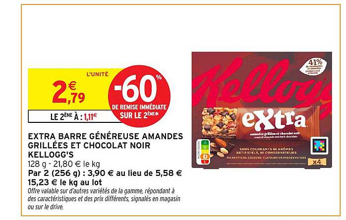 EXTRA BARRE GÉNÉREUSE AMANDES GRILLÉES ET CHOCOLAT NOIR KELLOGG'S