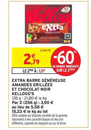 EXTRA BARRE GÉNÉREUSE AMANDES GRILLÉES ET CHOCOLAT NOIR KELLOGG'S