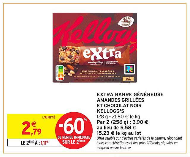 EXTRA BARRE GÉNÉREUSE AMANDES GRILLÉES ET CHOCOLAT NOIR KELLOGG'S