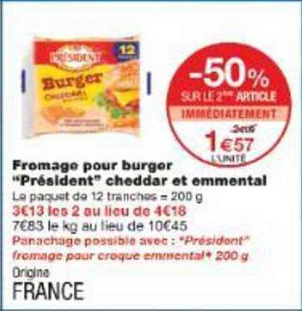 Fromage pour burger "Président" cheddar et emmental