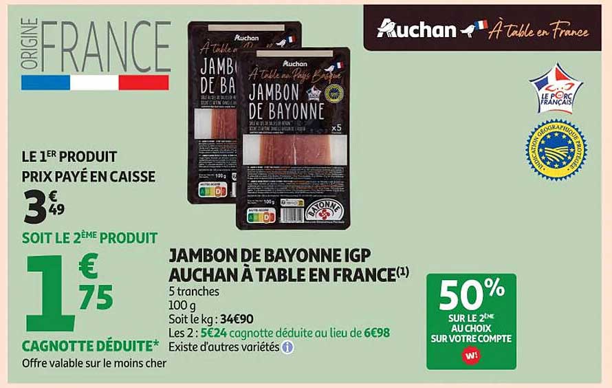 JAMBON DE BAYONNE IGP AUCHAN À TABLE EN FRANCE
