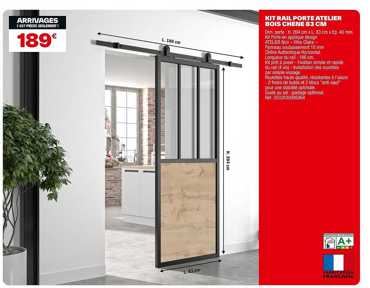 KIT RAIL PORTE ATELIER BOIS CHÊNE 83 CM