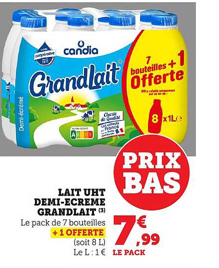 Lait UHT Demi-Ecrémé Grandlait - 7 bouteilles + 1 offerte