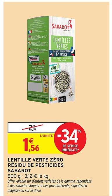 LENTILLE VERTE ZÉRO RÉSIDU DE PESTICIDES SABAROT