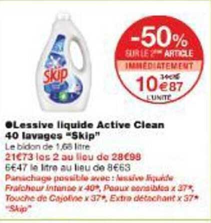 Lessive liquide Active Clean 40 lavages "Skip"