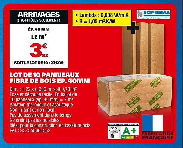LOT DE 10 PANNEAUX FIBRE DE BOIS EP. 40MM