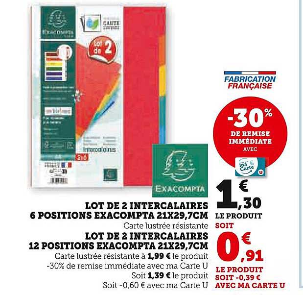 LOT DE 2 INTERCALAIRES 6 POSITIONS EXACOMPTA 21X29,7CM