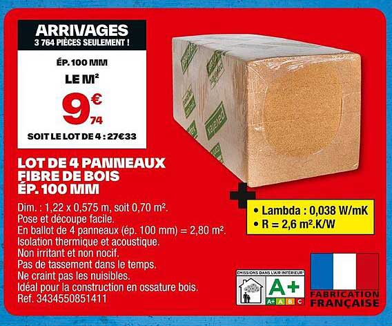 LOT DE 4 PANNEAUX FIBRE DE BOIS ÉP. 100 MM