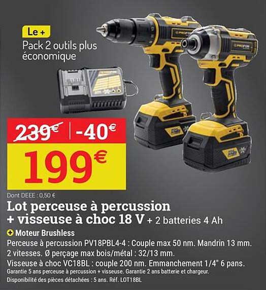 Lot perceuse à percussion + visseuse à choc 18 V + 2 batteries 4 Ah