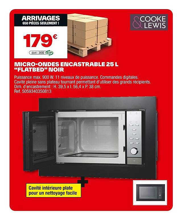 MICRO-ONDES ENCASTRABLE 25 L "FLATBED" NOIR