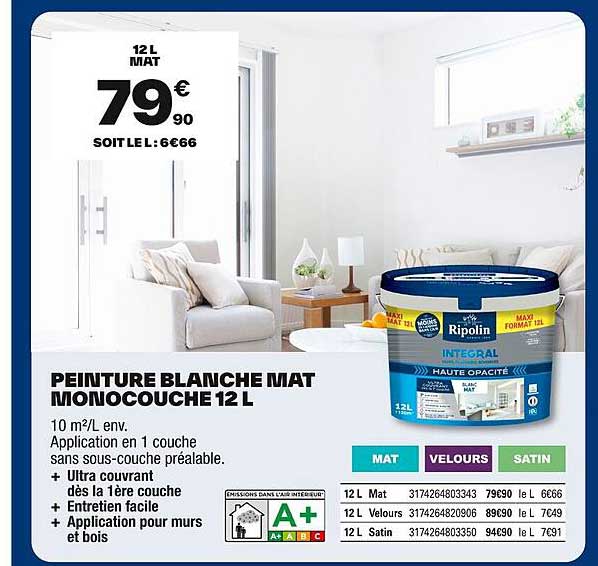 PEINTURE BLANCHE MAT MONOCOUCHE 12 L