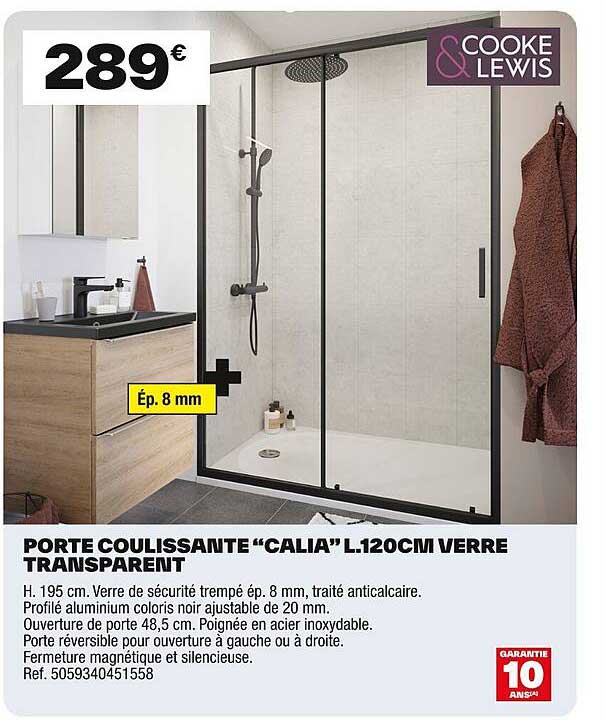 PORTE COULISSANTE “CALIA” L.120CM VERRE TRANSPARENT