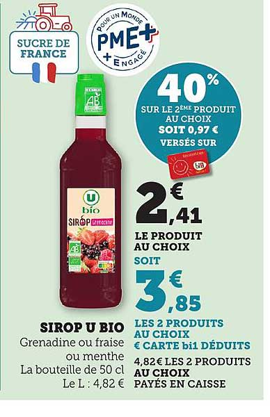 SIROP U BIO Grenadine ou fraise ou menthe