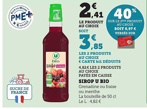 SIROP U BIO Grenadine ou fraise ou menthe