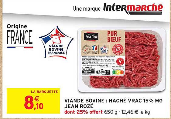 VIANDE BOVINE : HACHÉ VRAC 15% MG JEAN ROZÉ