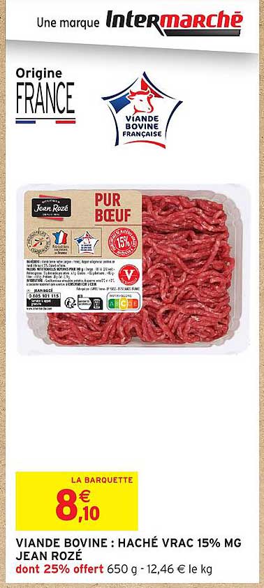 VIANDE BOVINE : HACHÉ VRAC 15% MG JEAN ROZÉ