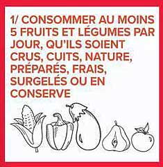 1/ CONSOMMER AU MOINS 5 FRUITS ET LÉGUMES PAR JOUR, QU'ILS SOIENT CRUS, CUITS, NATURE, PRÉPARÉS, FRAIS, SURGELÉS OU EN CONSERVER