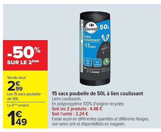 15 sacs poubelle de 50L à lien coulissant