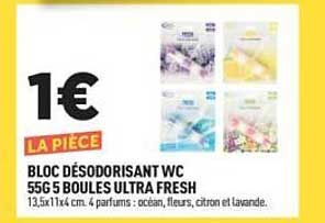 1€ LA PIÈCE BLOC DÉSODORISANT WC 55G 5 BOULES ULTRA FRESH 13,5x11x4 cm. 4 parfums : océan, fleurs, citron et lavande.