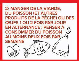 2/ MANGER DE LA VIANDE, DU POISSON (ET AUTRES PRODUITS DE LA PÊCHE) OU DES OEUFS 1 OU 2 FOIS PAR JOUR EN ALTERNANCE ; PENSER À CONSOMMER DU POISSON AU MOINS DEUX FOIS PAR SEMAINE