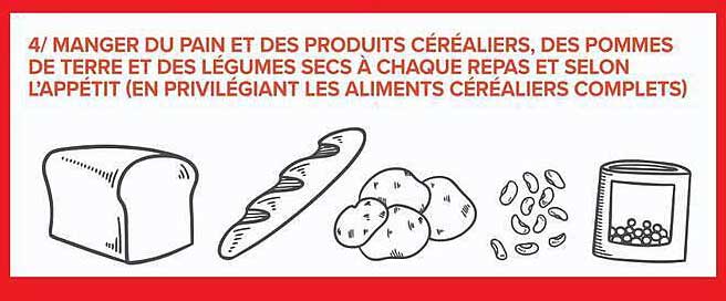 4/ MANGER DU PAIN ET DES PRODUITS CÉRÉALIERS, DES POMMES DE TERRE ET DES LÉGUMES SECS À CHAQUE REPAS ET SELON L’APPÉTIT (EN PRIVILÉGIANT LES ALIMENTS CÉRÉALIERS COMPLETS)