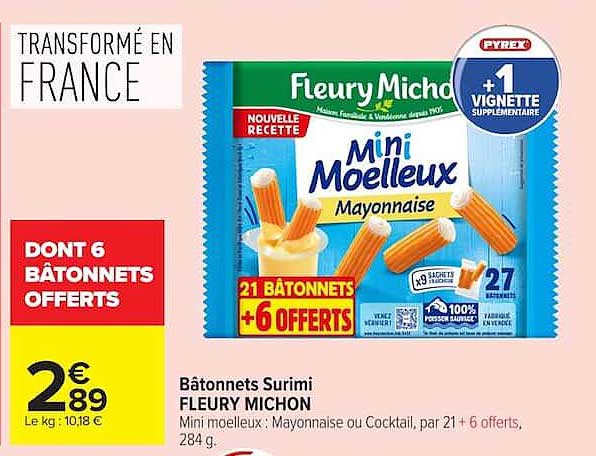 Bâtonnets Surimi FLEURY MICHON Mini moelleux : Mayonnaise ou Cocktail, par 21 + 6 offerts, 284 g.