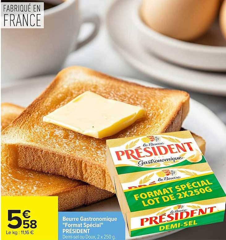 Beurre Gastronomique "Format Spécial" PRÉSIDENT Demi-sel ou Doux, 2 x 250 g