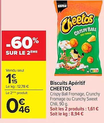 Biscuits Apéritif CHEETOS Crispy Ball Fromage, Crunchy Fromage ou Crunchy Sweet Chili, 90 g