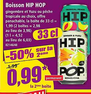 Boisson HIP HOP gingembre et Yuzu ou pêche tropicale au choix, offre panachable, boîte de 33 cl