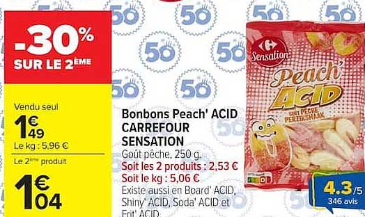 Bonbons Peach' ACID CARREFOUR SENSATION
