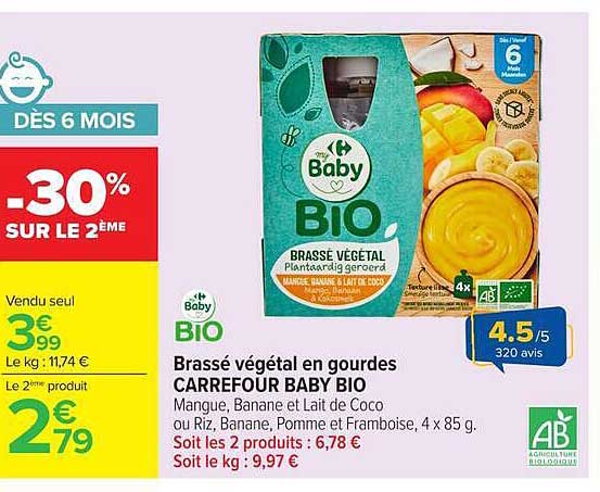 BRASSÉ VÉGÉTAL EN GOURDES CARREFOUR BABY BIO Mangue, Banane et Lait de Coco ou Riz, Banane, Pomme et Framboise, 4 x 85 g