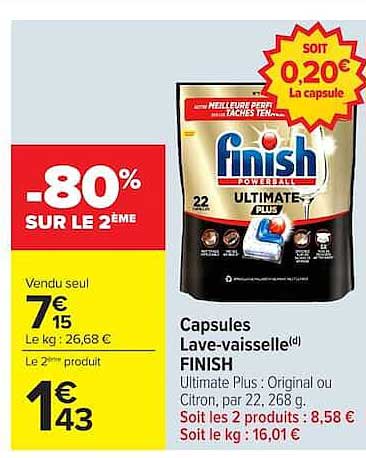 Capsules Lave-vaisselle(d) FINISH Ultimate Plus : Original ou Citron, par 22, 268 g