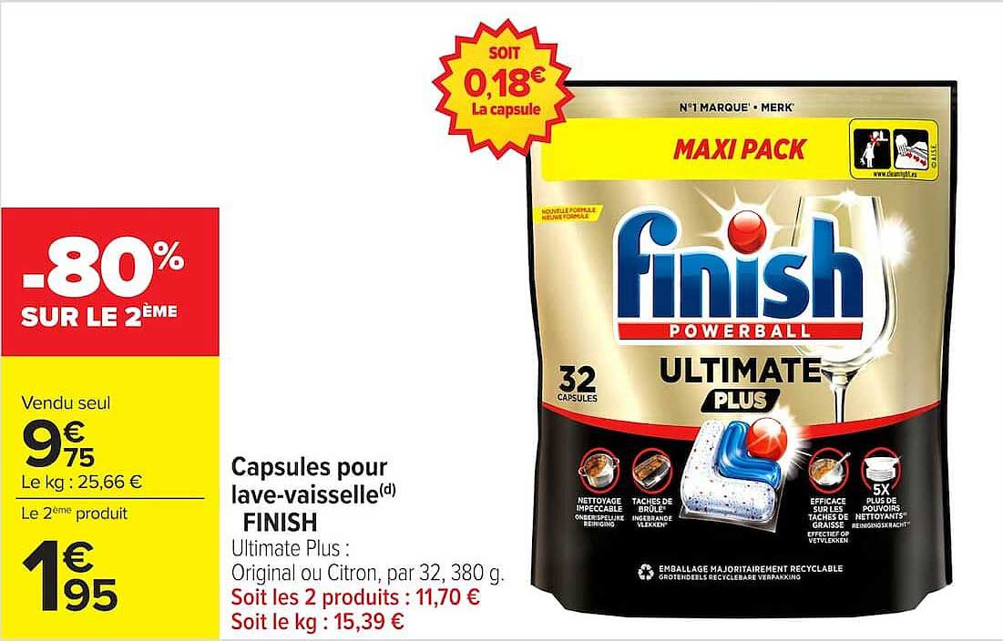 Capsules pour lave-vaisselle FINISH Ultimate Plus : Original ou Citron, par 32, 380 g.