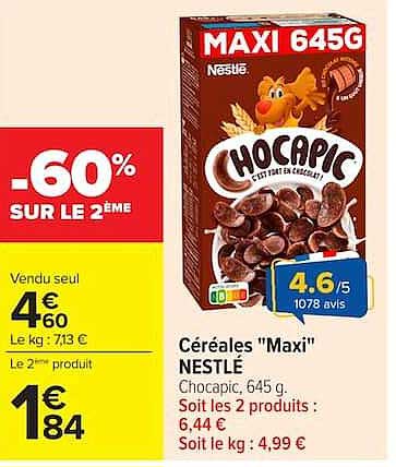 Céréales "Maxi" NESTLÉ Chocapic, 645 g. Soit les 2 produits :