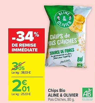 Chips Bio ALINE & OLIVIER Pois Chiches, 80 g.