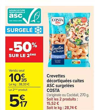 Crevettes décortiquées cuites ASC surgelées COSTA