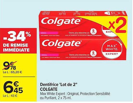 Dentifrice "Lot de 2" COLGATE Max White Expert : Original, Protection Sensibilité ou Purifiant, 2 x 75 ml.