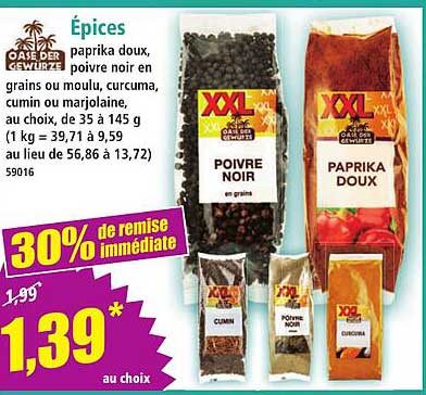 Épices paprika doux, poivre noir en grains ou moulu, curcuma, cumin ou marjolaine, au choix