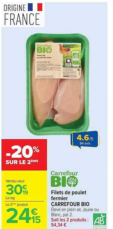 Filets de poulet fermier CARREFOUR BIO