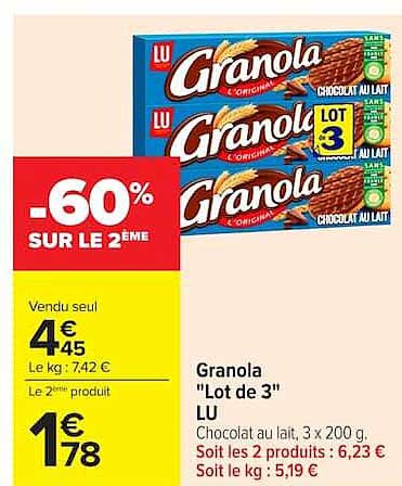 Granola "Lot de 3" LU Chocolat au lait, 3 x 200 g. Soit les 2 produits : 6,23 € Soit le kg : 15,49 €