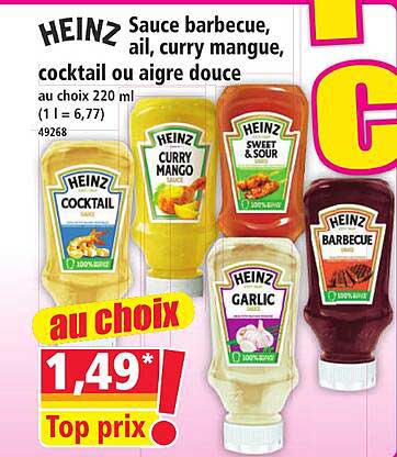 HEINZ Sauce barbecue, ail, curry mangue, cocktail ou aïgre douce