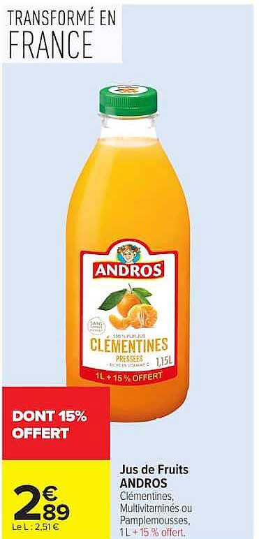 Jus de Fruits ANDROS Clémentines, Multivitaminés, ou Pamplemousses, 1L + 15 % offert