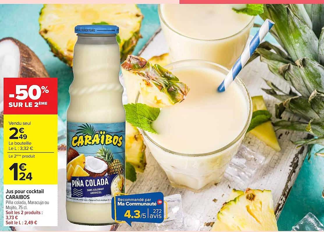Jus pour cocktail CARAÏBOS Piña colada, Maracuja ou Mojito, 75 cl