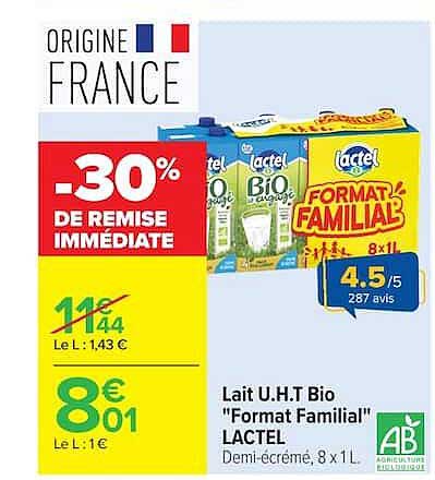 Lait U.H.T Bio "Format Familial" LACTEL