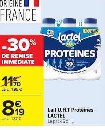 Lait U.H.T Protéines LACTEL Le pack 6 x 1L