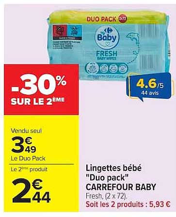 Lingettes bébé "Duo pack" CARREFOUR BABY Fresh, (2 x 72)