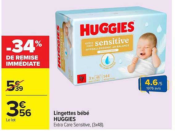 Lingettes bébé HUGGIES Extra Care Sensitive, (3x48)