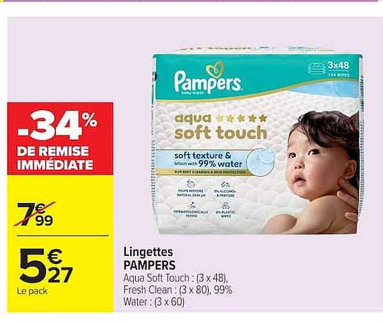 Lingettes PAMPERS Aqua Soft Touch : (3 x 48), Fresh Clean : (3 x 80), 99% Water : (3 x 60)