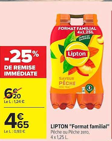 LIPTON "Format familial" Pêche ou Pêche zero, 4 x 1,25 L