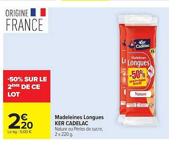 Madeleines Longues KER CADELAC Nature ou Perles de sucre, 2 x 220 g.